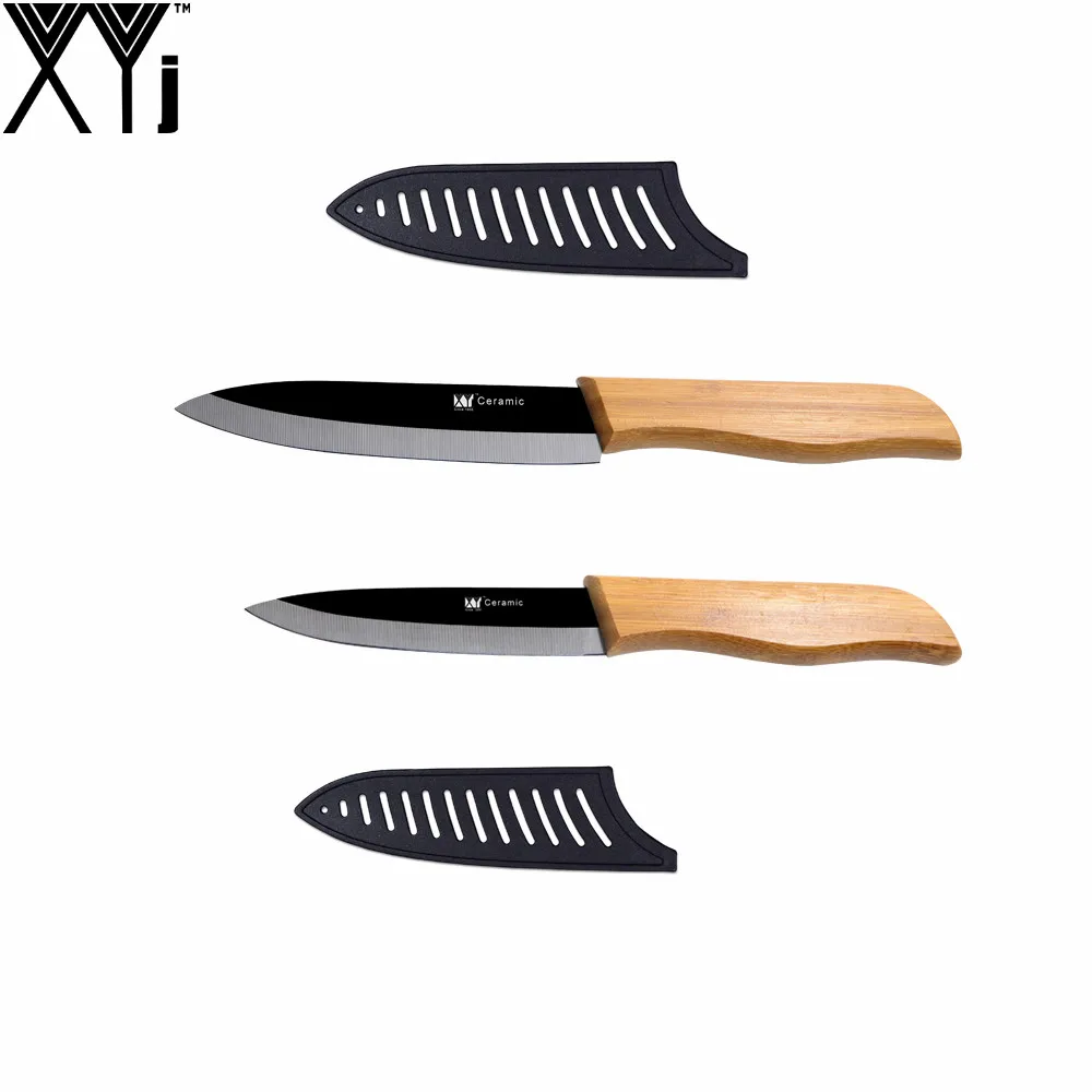 

Bamboo Handle Black Blade Ceramic Knife Set 4 Inch Utility 5 Inch Slicing Hot Sale XYJ Brand Top Quality Kitchen Knives + Covers