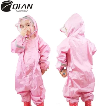 QIAN 2-9 Years Old Fashionable Waterproof Jumpsuit Raincoat Hooded Cartoon Kids One-Piece Rain Coat Tour Children Rain Gear Suit 1