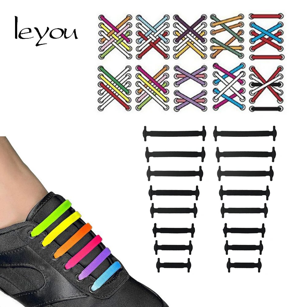 Leyou 16PCS Silicon No Tie Shoe Laces Elastic Flat Sport Running Shoelaces Colorful Fashion Shoe Strings New Shoe Lace