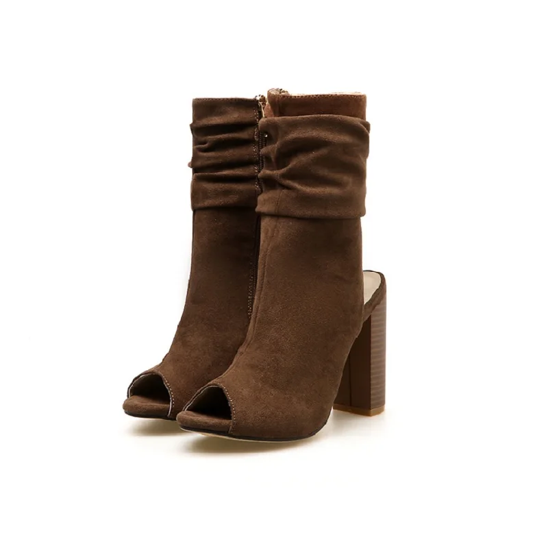 

2018 autumn and winter new high-heeled fashion suede fish mouth trade models with thick women's boots brwon 0117