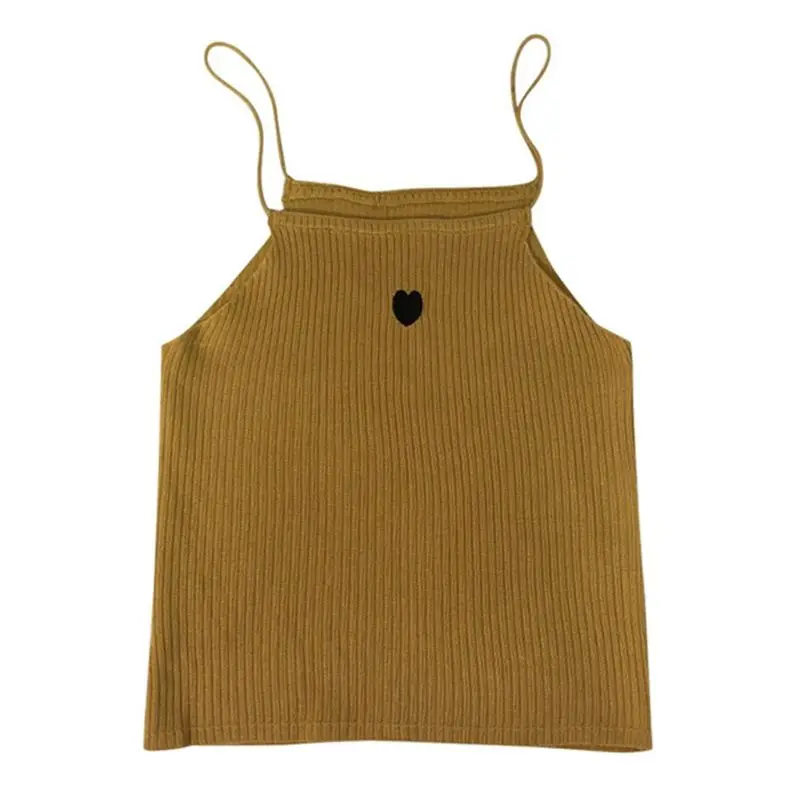 

Womens Summer Sleeveless Solid Color Basic Vest Love Heart Embroidered Ribbed Knitted Camisole Causal Slim Bottom Tank Tops