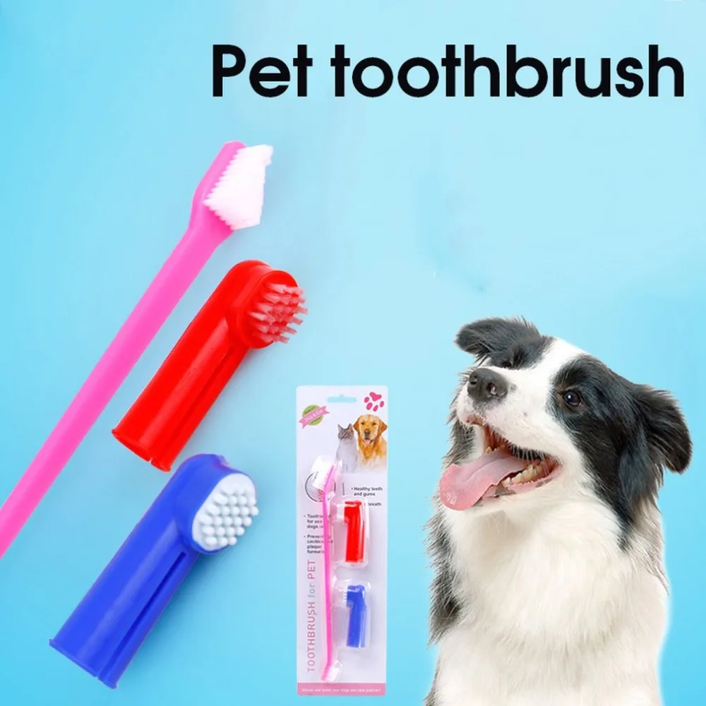 Double Head Pets Toothbrush +Soft Pet Dog Finger brush Sets Dogs Cats