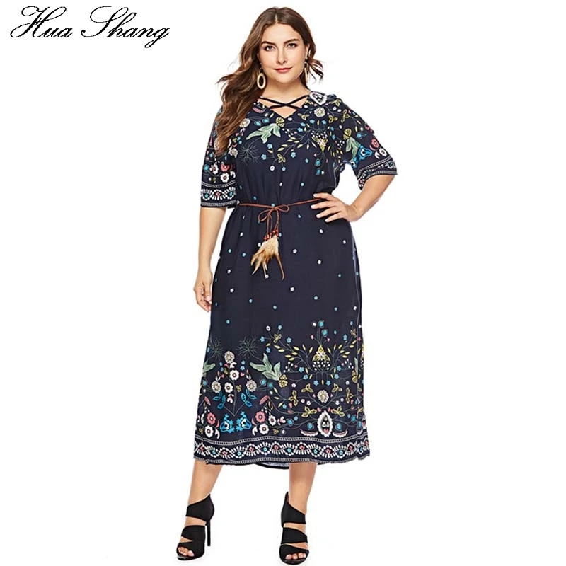 

Maxi Long Dress Summer Women Cross V Neck Half Sleeve Retro Floral Print Vintage Boho Dress Loose Plus Size Tunic Beach Dresses