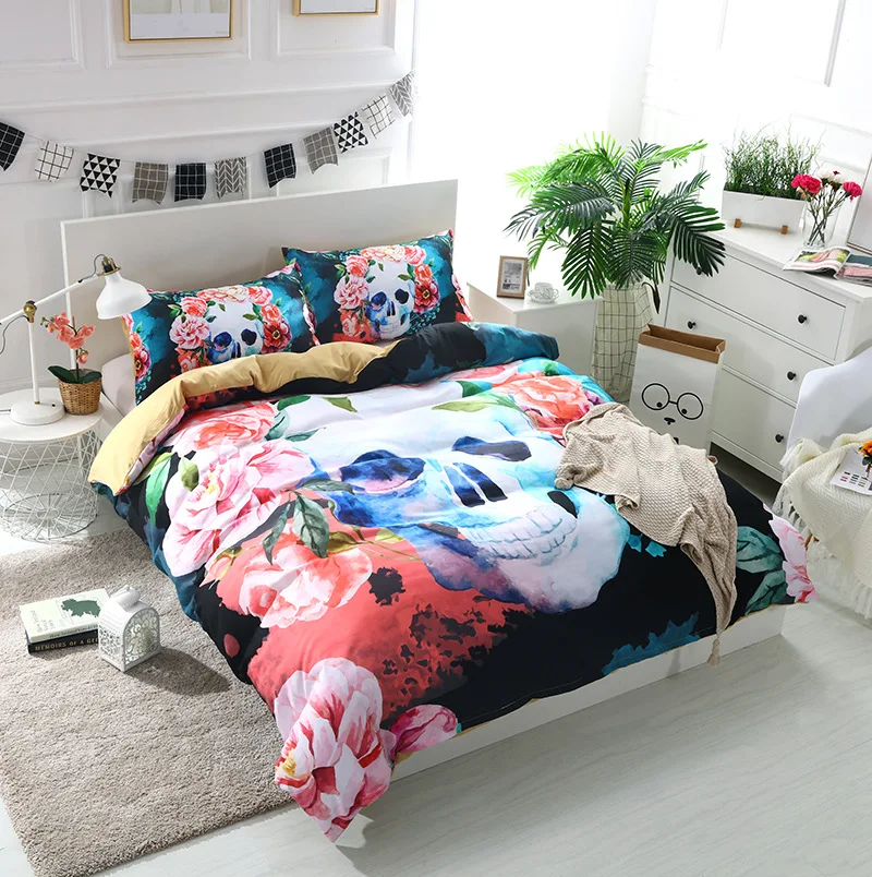 Цветной набор пододеяльников для пуховых одеял с изображением черепа и цветов, супер мягкое постельное белье с цветочным принтом, набор постельного белья, роскошный 3D текстиль с изображением сахарного черепа
