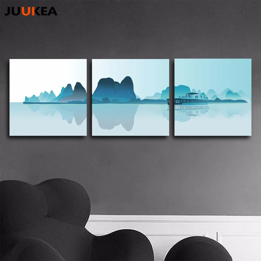 3 Panel Bule Tenang Danau Modern Landscape Ilustrasi Kanvas Cetak