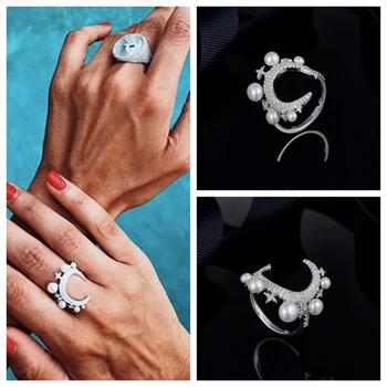 

New Cool Zircon FESTIVAL New Moon Star Finger Ring Pearl Copper Women Wedding One Thousand And One Nights Jewelry