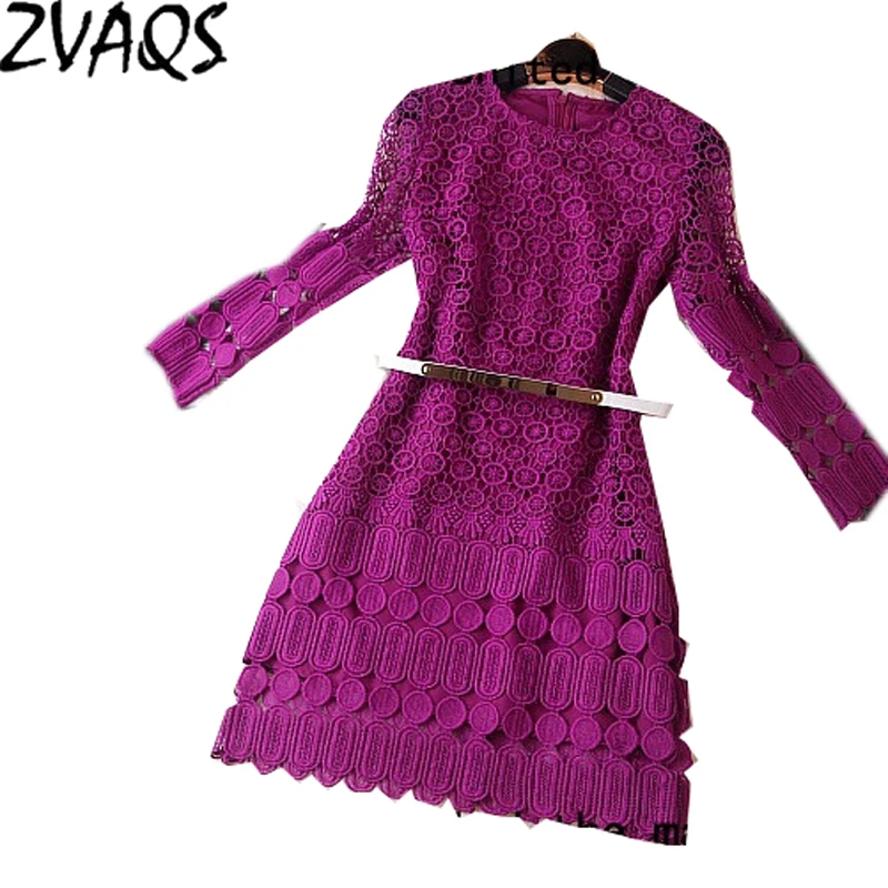 

Women autumn winter vintage dress 2018 new design ladies elegant hollow out flower lace party dresses with belt vestidos K3276