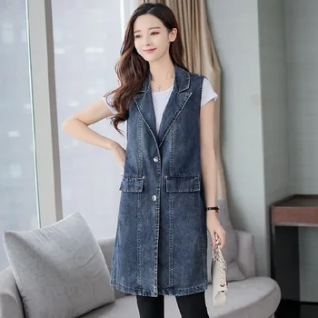 

2019 Spring Autumn Woman Plus Size Denim Vest Korean Edition Sleeveless Jeans Vest Jacket elegant office lady Long Denim Vest