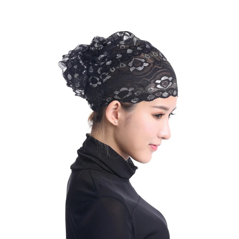 

12 Colors Muslim Women Islamic Lace Flashing Floral Headwear Amira Inner Hijab Cap Turban Bonnet Underscar Islam Hijab W13