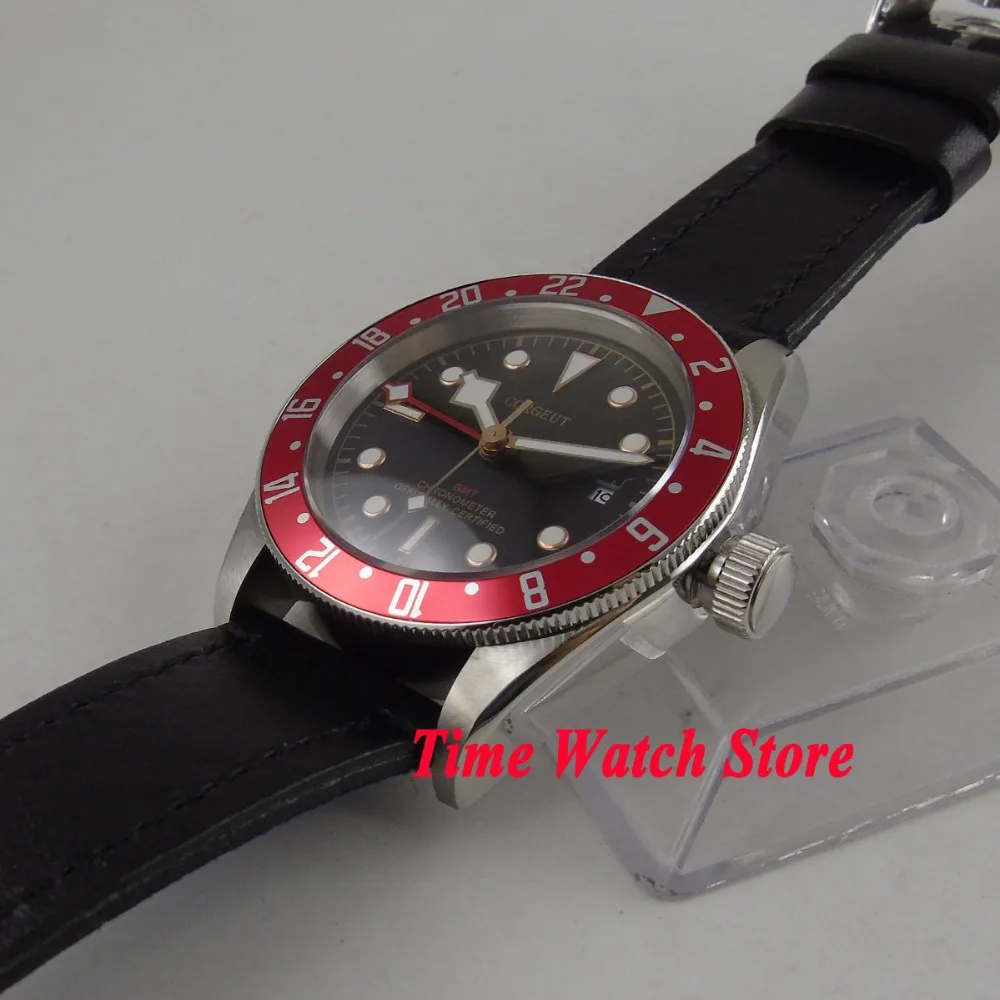  41mm Corgeut GMT watch black dial luminous Red rotating Bezel sapphire glass Automatic movement men