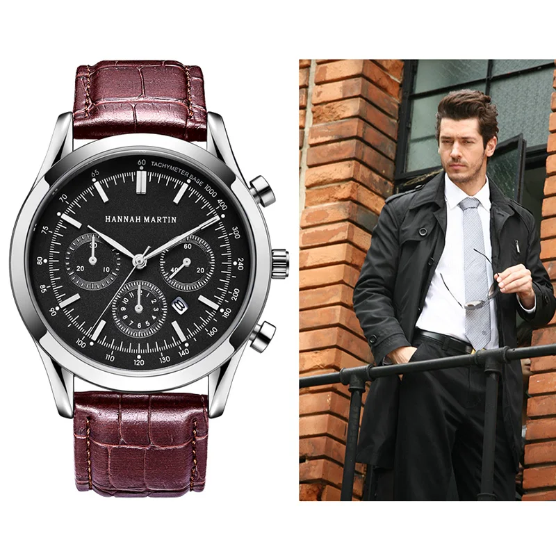

HM Top Brand Man Watch Quartz Analog Faux Leather Waterproof Luxury Wristwatch 3 Eyes Sport Clock Gift for Men Military Relogio