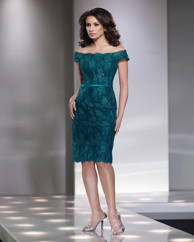 

Dark Green 2016 Mother Of The Bride Dresses Sheath Knee Length Cap Sleeves Lace Evening Dresses Mother Dresses For Wedding