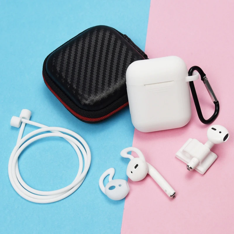 6 pcs In 1 Sets Silicone Protective Accessories Kits for Airpods 1 2 Case Ring Strap Hook Winder Holder Box Set Earpods Cover