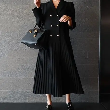 

2019 New Notched Female's Long Sleeve Pleated Hem Double-breasted Chiffon Patchwork Black Dress Vestido DC366