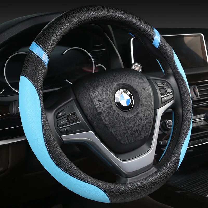 

KKYSYELVA Black Car Sport Steering Wheel Cover Leather Auto Steering Covers Universal 38CM wheel covers Car Inter Accessories