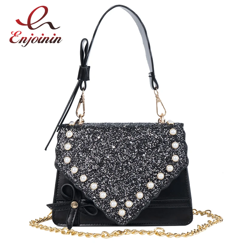 

Sequins Stitching Patent Leather Pearl Bow Fashion Women Shoulder Bag Handbag Casual Crossbody Messenger Bag Female Bolsa Totes