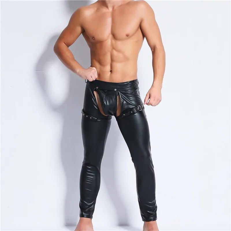 Черный готический Для мужчин Тощий искусственной Штаны из искусственной кожи Блестящие брюки ночной клуб сценическое певцы танцор