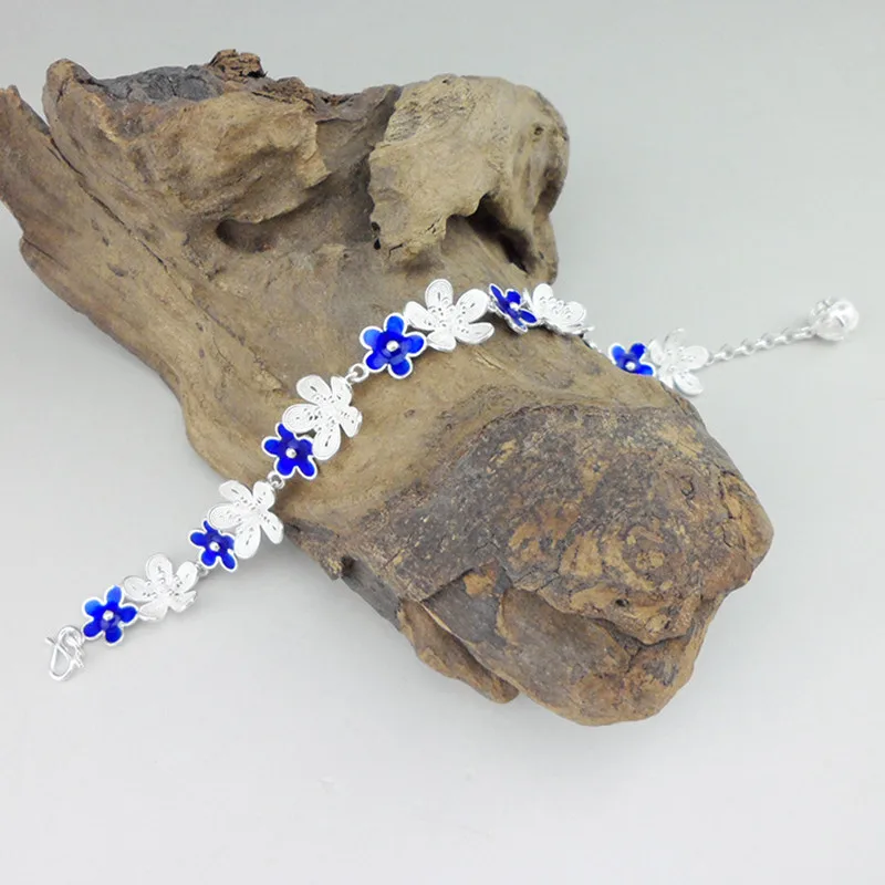 

Blue Bangles Cloisonne Enamel Jewelry 999 Sterling Silver Bracelet Women Flowers Hand Chain Chinese Handmade Ethnic Love Bangle