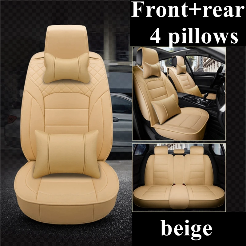 Deluxe PU leather Car Seat Cover Full Front+Rear Cushion 5-Seats W//Pillow Beige