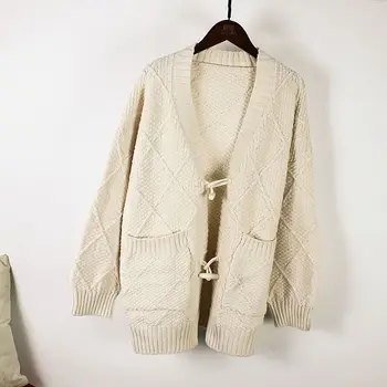 

Women Fashion Solid V-neck Pocket Knitted Sweater Coats Female Corner Loose Knit Sweaters Casual Sweater Coat Joker Lady Autumn