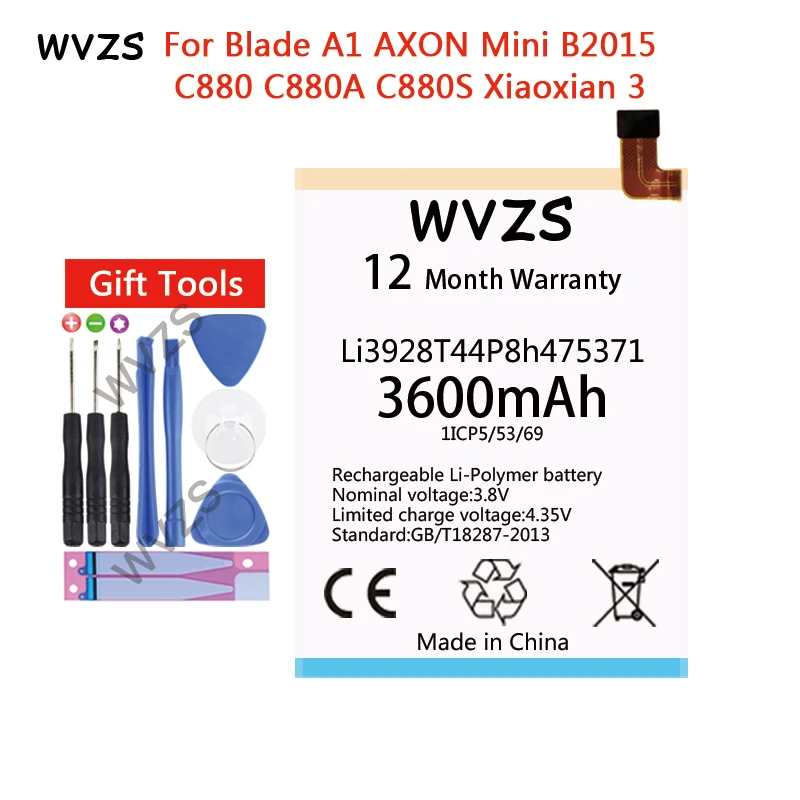 

wvzs 3600mAh Battery Li3928T44P8h475371 For ZTE Blade A1 AXON Mini B2015 C880 C880A C880S Xiaoxian 3 Batteries
