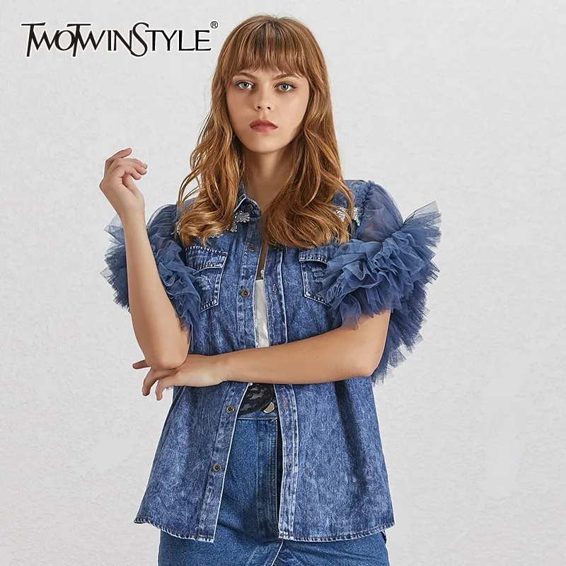 awesome  TWOTWINSTYLE Summer Mesh Patchwork Women Jacket Lapel Sleeveless Button Big Size Denim Coat Female 