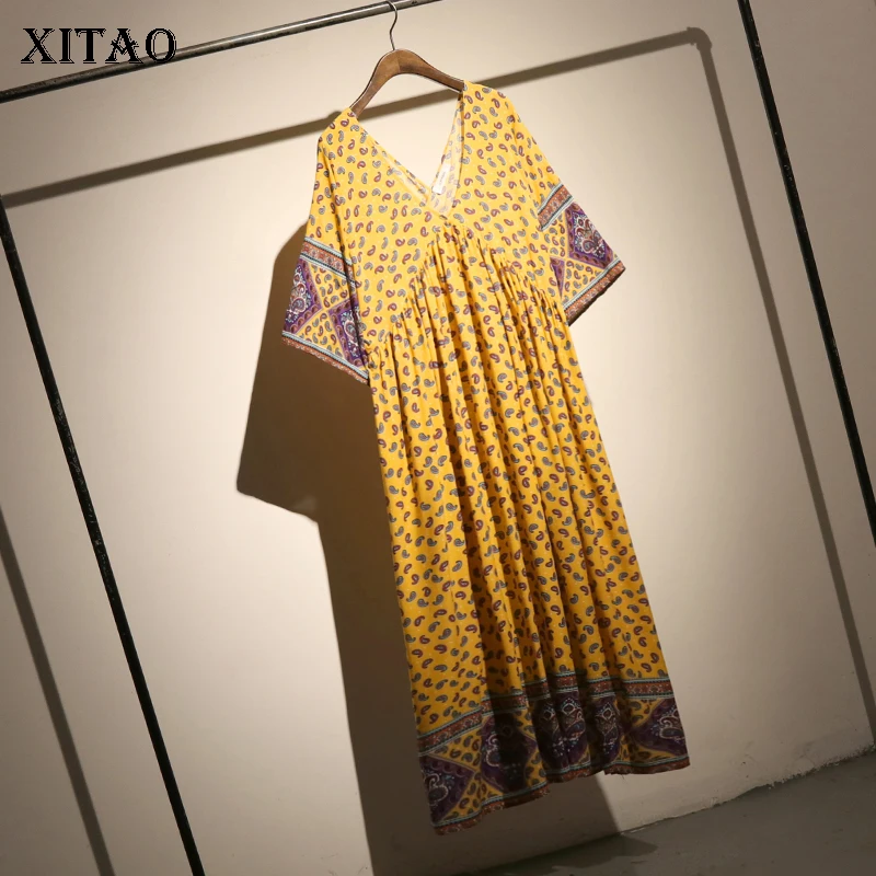 

[XITAO] 2018 Vintage New Europe Summer Women V-Neck Backless Print Dress Female Short Sleeve Mid-Calf Pullover Dress KZH759