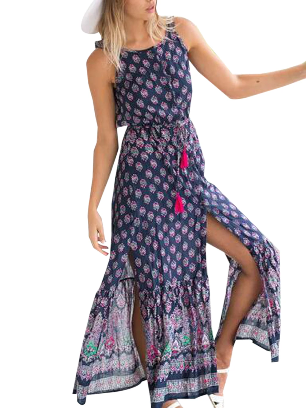 sexy backless tassel purple maxi dress