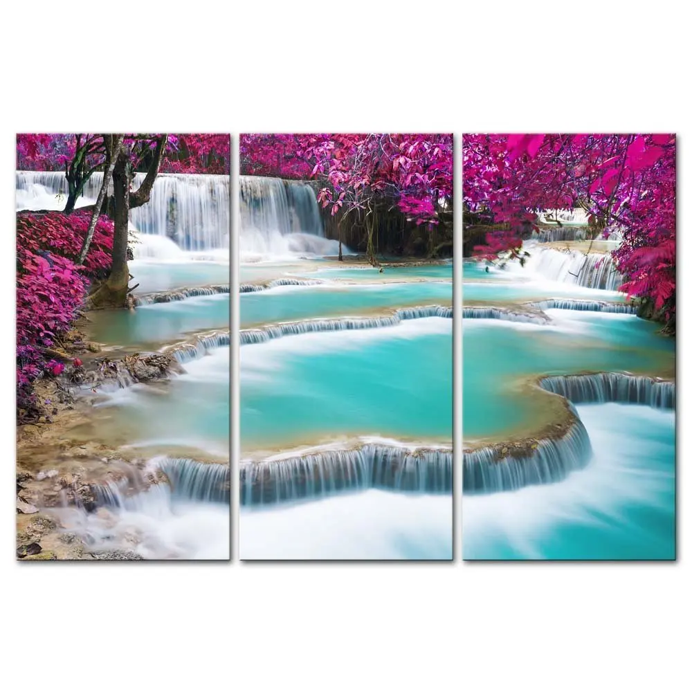 3 Pieces Modern Canvas Painting Wall Art Turquoise Waterfall Landscape