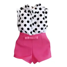 Girls Summer Clothes Kids Boutique Outfits Sleeveless Polka Dot Blouse + Pink Short Pants Clothes Set 2-6Y LS4