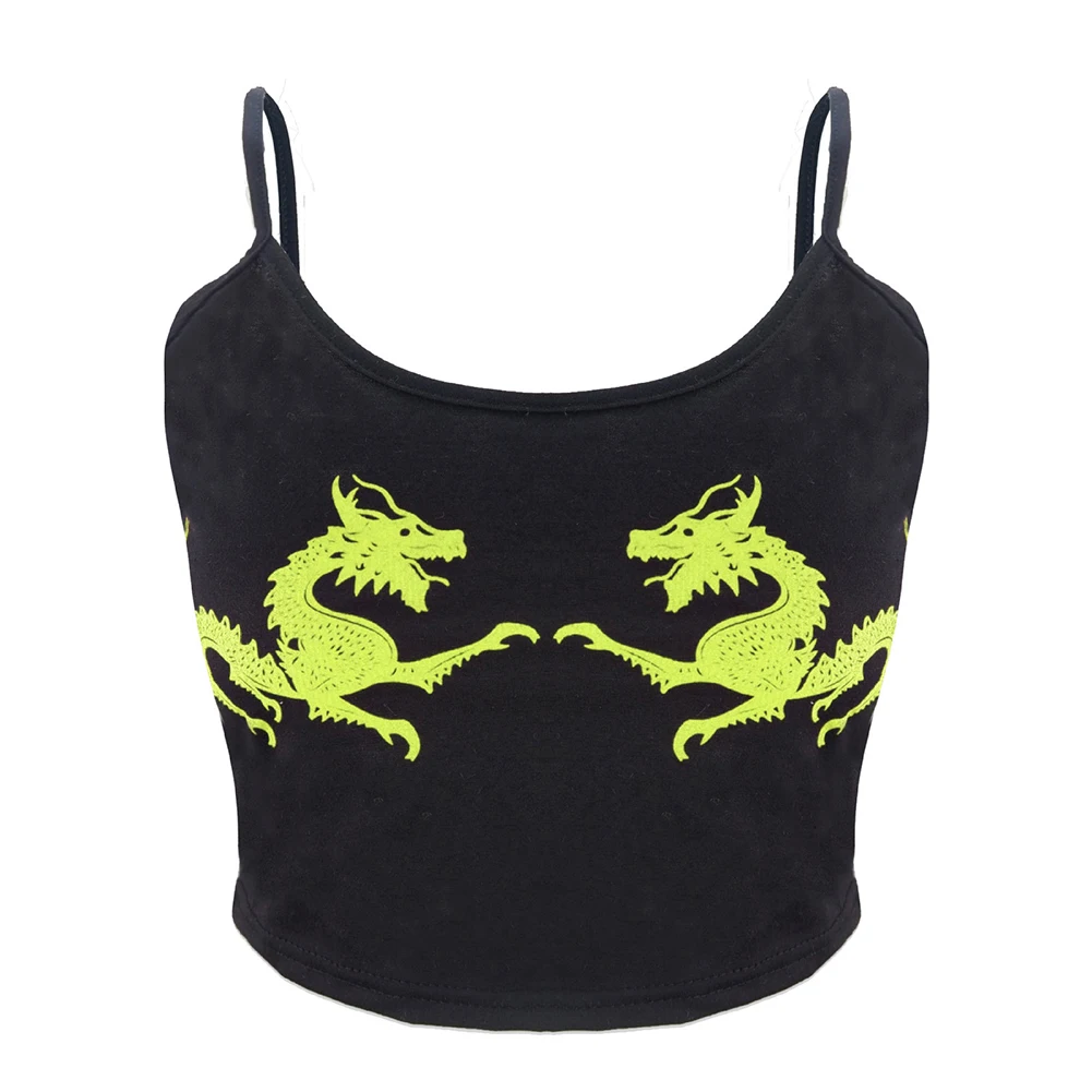 Women Summer Fitness Dragon Pattern Sleeveless U Neck Cropped Casual Fashion Sexy Polyester Crop Tops Straps Attractive Tight - Цвет: Цвет: желтый