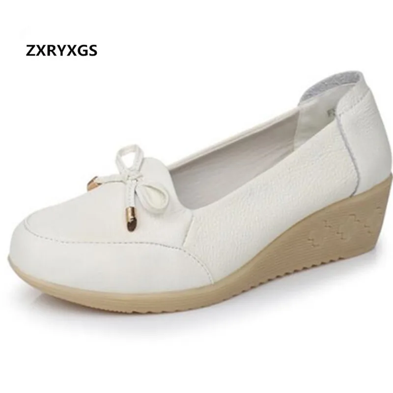 

New Fashion White Cow Leather Shoes Woman Nurse Flat Shoes 2019 Spring Work Student Mom Wedges Comfort Soft Women Casual Shoes