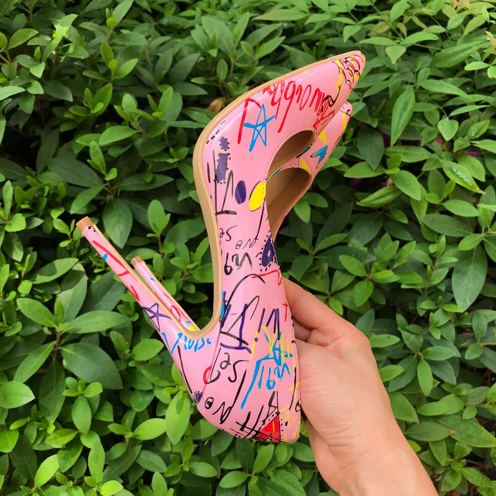 Veowalk/пикантные женские туфли на высоком каблуке-шпильке с художественным принтом граффити; розовые женские вечерние туфли-лодочки с острым носком; цвет на заказ