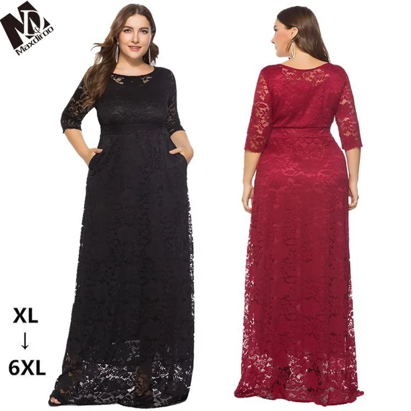 

MAXDIROO Women Elegant Floor-length Lace Dress White Red Black Plus Size Long Dress 4XL 5XL 6XL Women Vestidos Robe Lngue Femme
