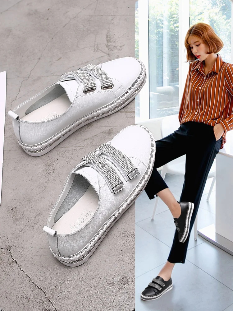 

Female Leather Autumn Korean Casual Versatile Flat Shoes White Student Rhinestone Women's Shoes