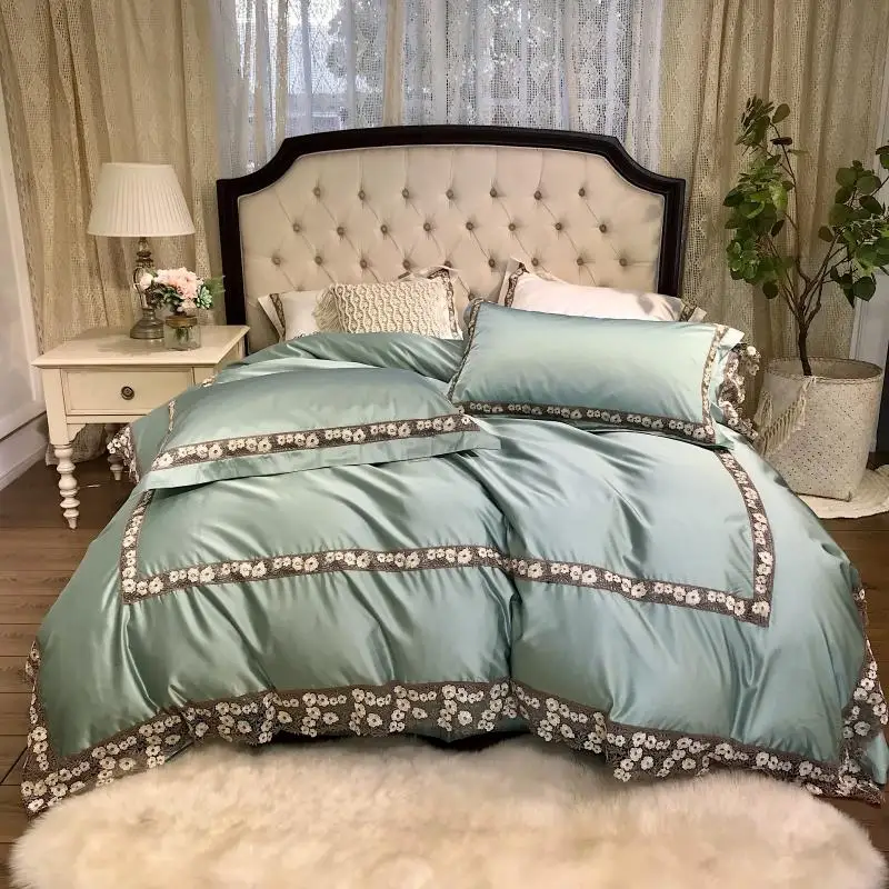 Зеленый шелк хлопок кружево роскошный комплект постельного белья queen King size