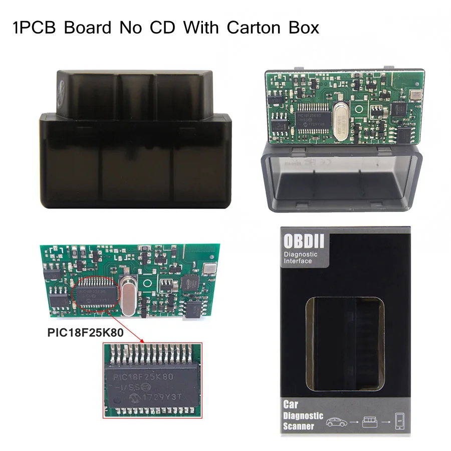 10 шт./лот ELM327 V1.5 двойной PCB PIC18F25K80 чип Bluetooth ELM 327 считыватель кодов работает Android OBD2 диагностический инструмент - Цвет: 1PCB Black