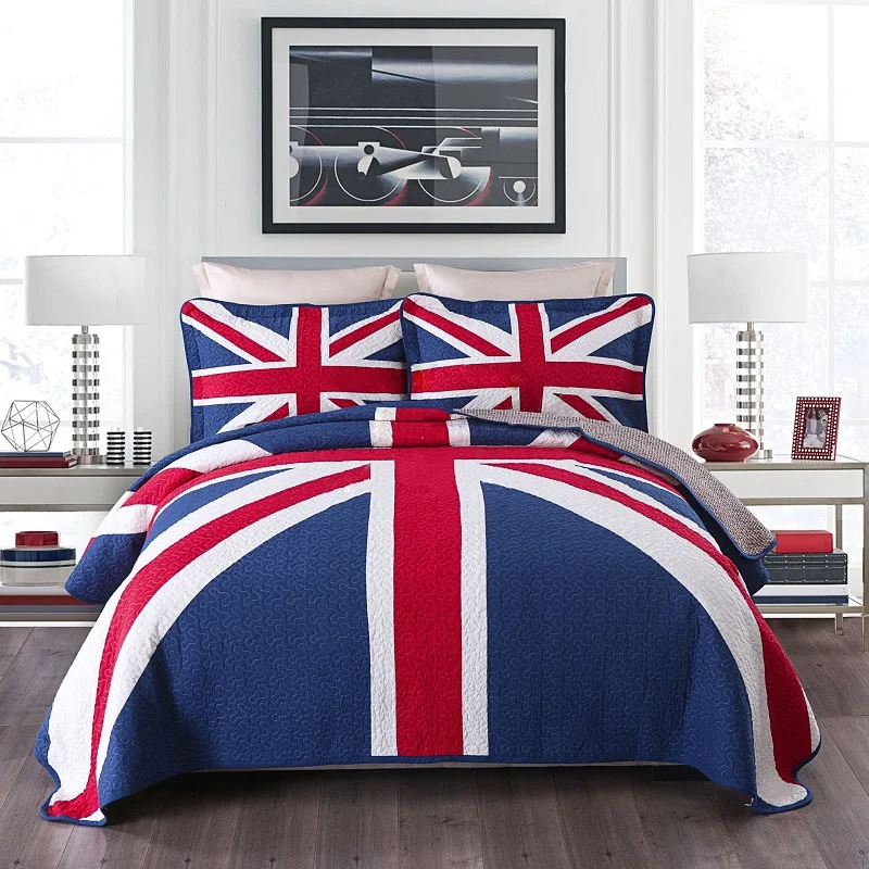 

CHAUSUB Cotton Bedspread Quilt Set 3PC British Flag Handmade Patchwork Quilts Bed Cover King Queen Size Quilted Bedding Coverlet