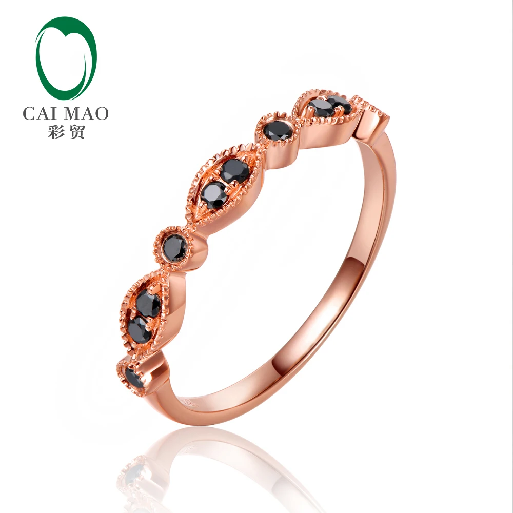 Caimao 14KT Rose Gold 0.15ct Natural Black Diamond Milgrain Design Engagement Wedding Band for Womens