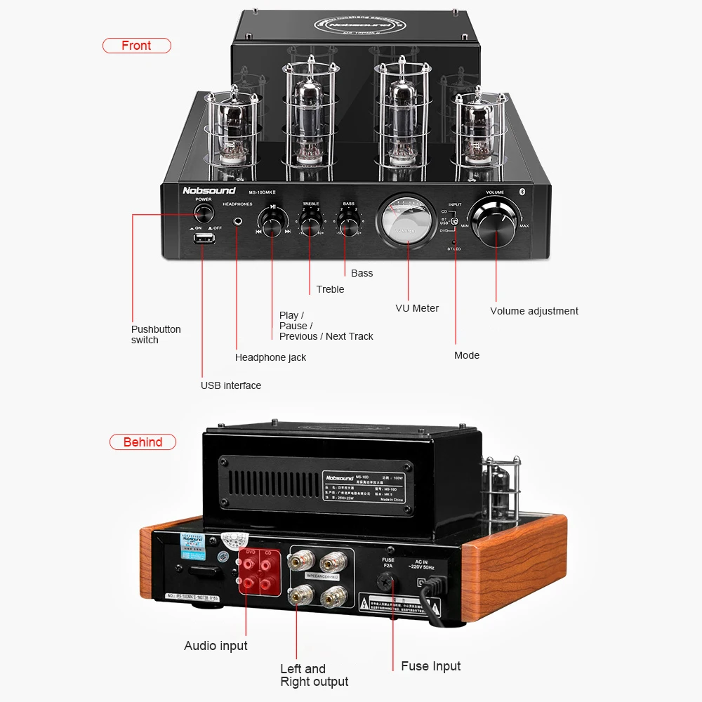 Discount Nobsound MS-10DMKII MP3 HiFi 2.0 Home Audio Bluetooth Vacuum Tube Integrated Amplifier Input USB/AUX Power Amplifier 6P1*2+6N1*2 5