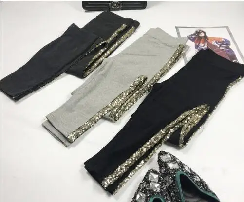 

Spring Autumn Leggings Women Fashion Sequins Stripe Side Pure Cotton Trousers Girls Ladies All-match Basic Trousers Leggings