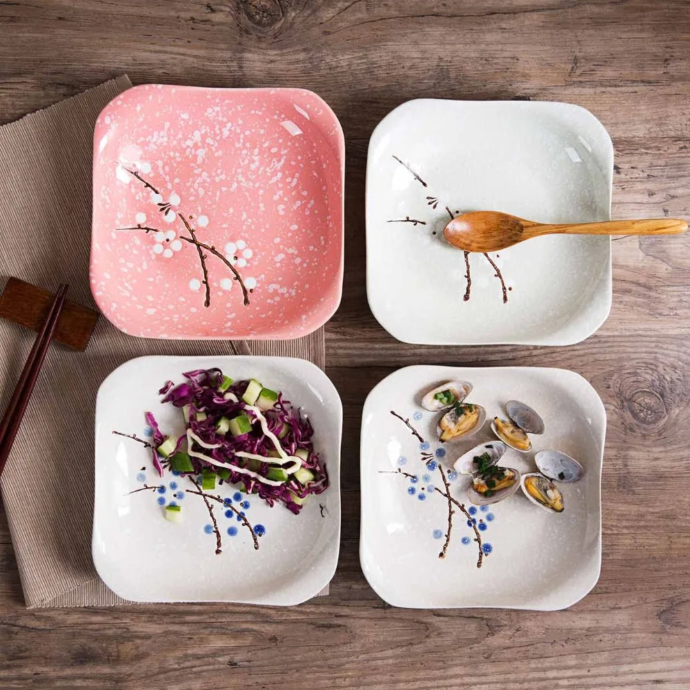 

Japanese Plum Blossom Ceramics Tray Household Western Plate Creative Tableware Ceramic Plate Square Dinner Dessert Cake Plate