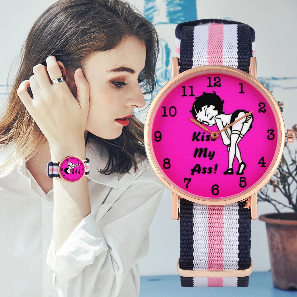 

Women's Wristwatch Quartz Analog Watch for Ladies Rose Red Dial Nylon Strap Watch