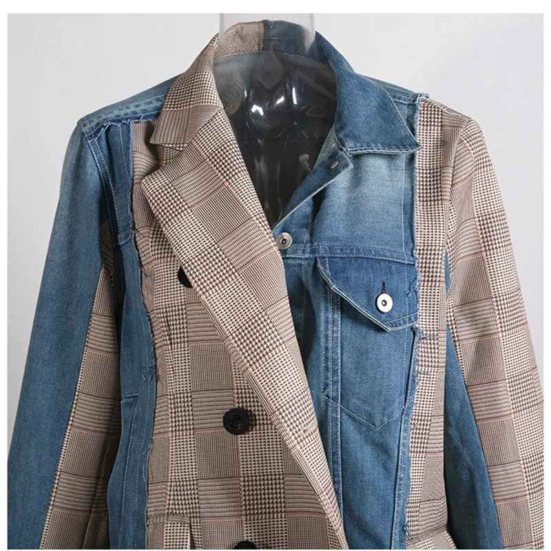 low cost  [EAM] 2020 New Autumn Winter Lapel Long Sleeve Blue Denim Plaid Split Joint Irregular Loose Jacket 