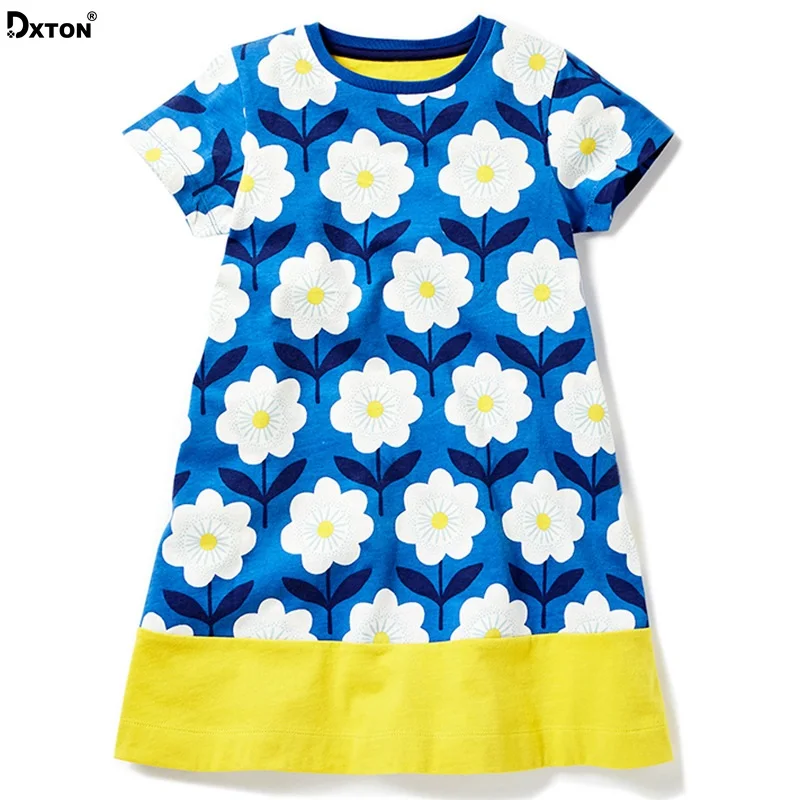 Dxton Kids Girls Dress Flower Printed Princess Children Short Sleeve Summer Costumes Patchwork For | Детская одежда и обувь