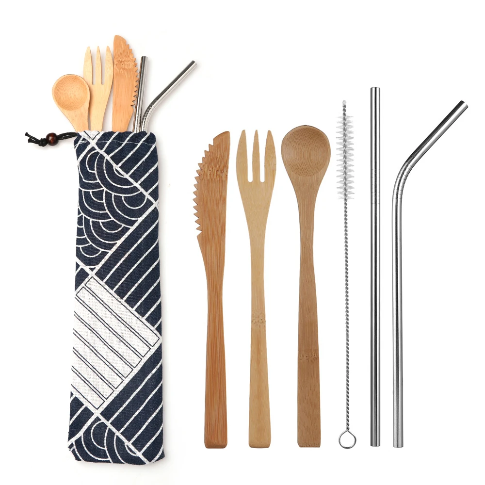 

1Set Portable Japanese Wooden Dinnerware Set Bamboo Cutlery Straw Cutlery Set With Cloth Bag Kitchen Cooking Tools