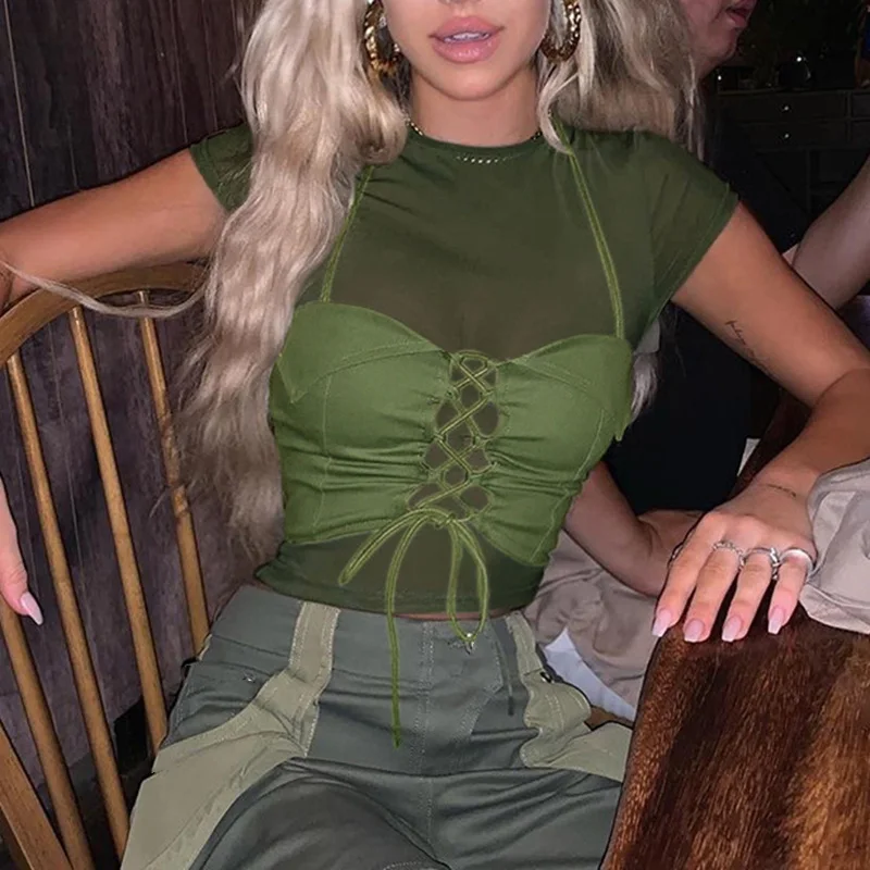 

Women Crop top Ladies Clubwear Summer Camisole Nightclub Solid Sexy Party Lace Up T Shirt Mesh See Through 2pcs