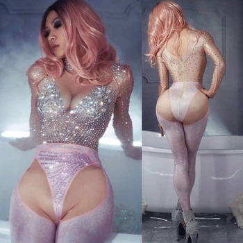 

Shining Rhinestones Costumes Long Sleeves Sexy Jumpsuit Women Party Rompers Spandex Outfit Evening Female Singers Bodysuit DJ520