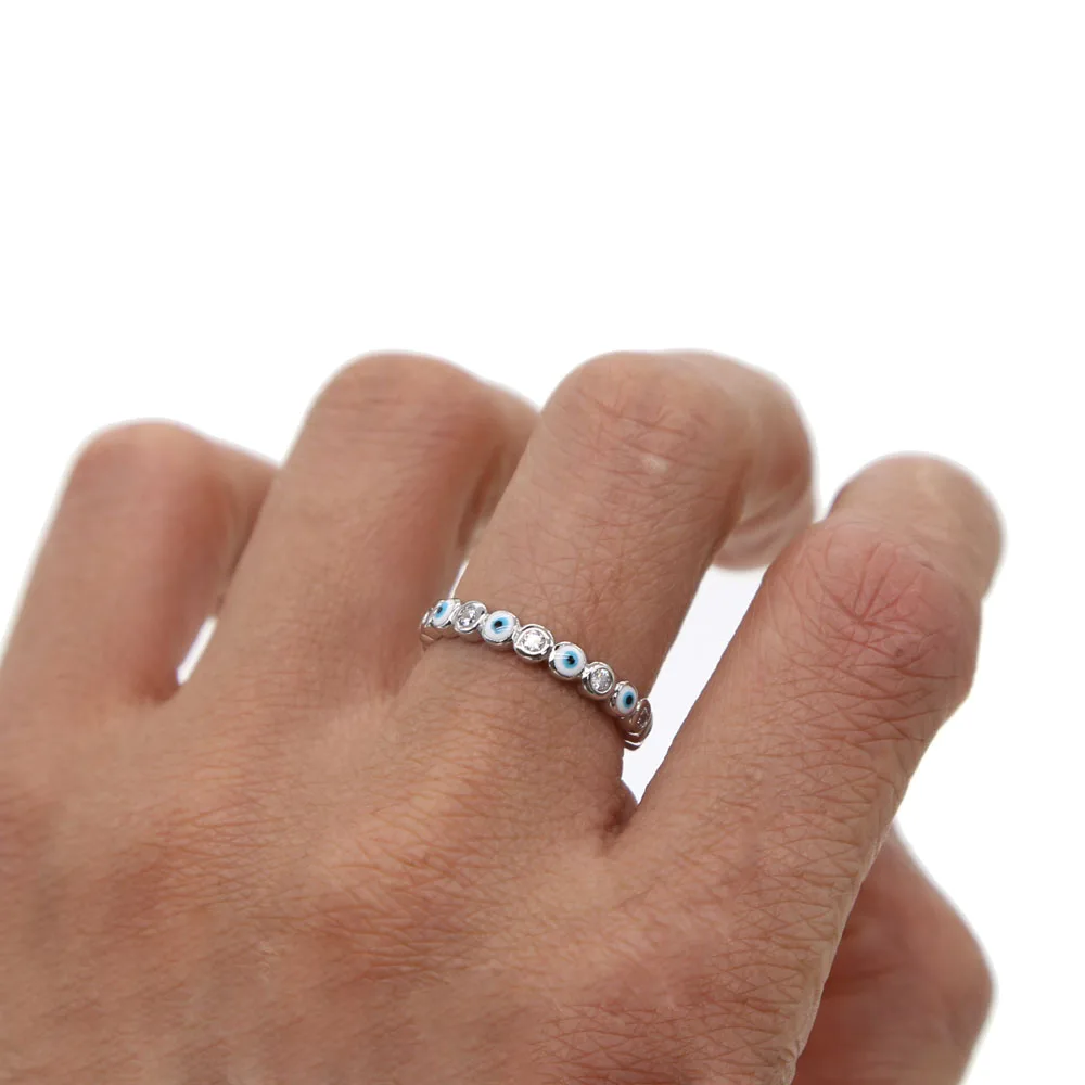 Высокое качество Элегантный серебряный цвет микро проложить сглаза кольцо синий белый микс новых CZ этнические турецкие ювелирные изделия для женщин Простые крошечные кольца