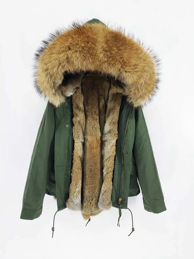 FURTJY армия зеленый пальто черный внутри длинная куртка из натурального енота меховым воротником с натуральным кроличьим мехом внутри